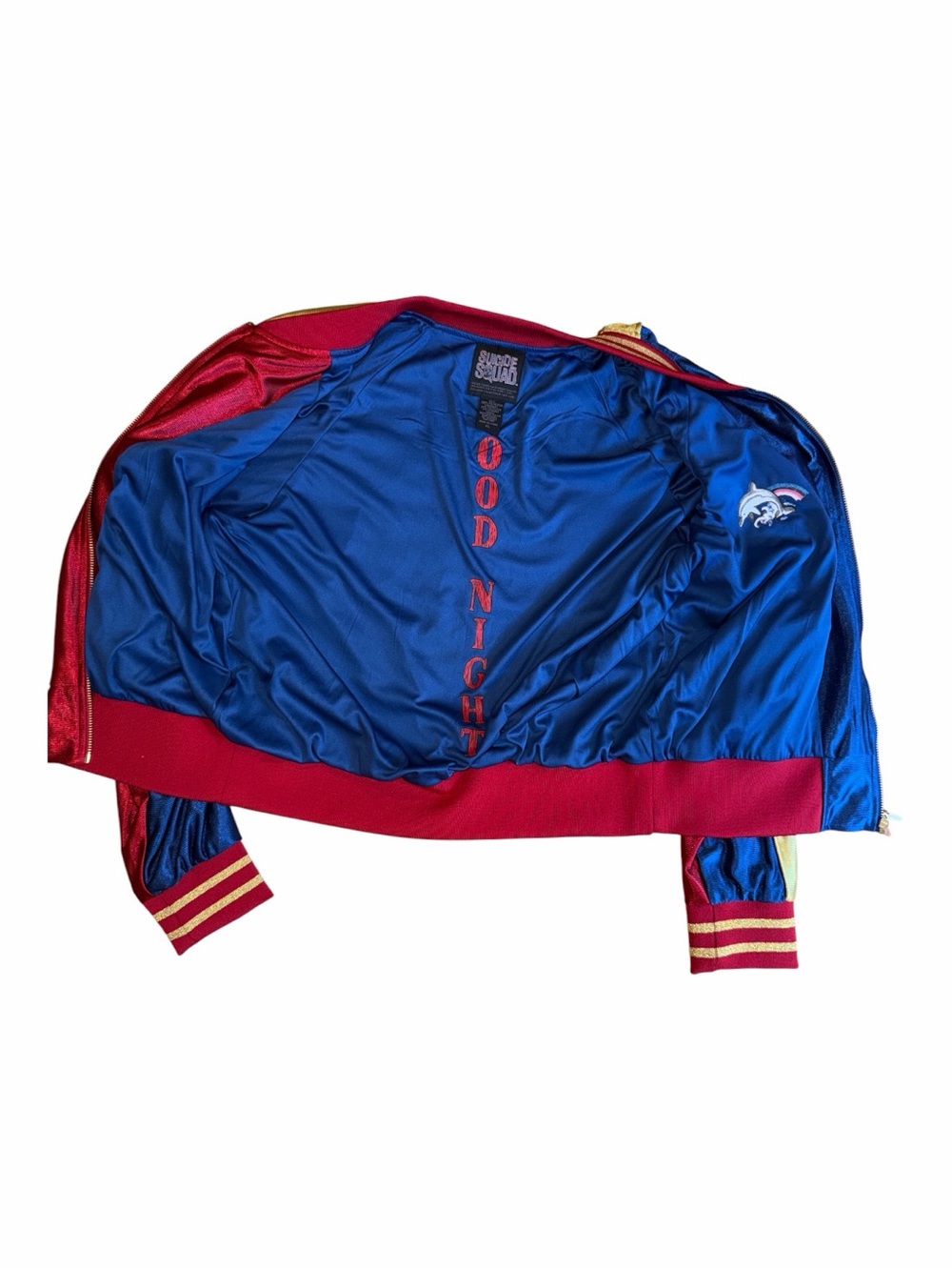 Hot Topic Red & Blue Satin Varsity Jacket with Gold Embroidery - Picture 4 of 4